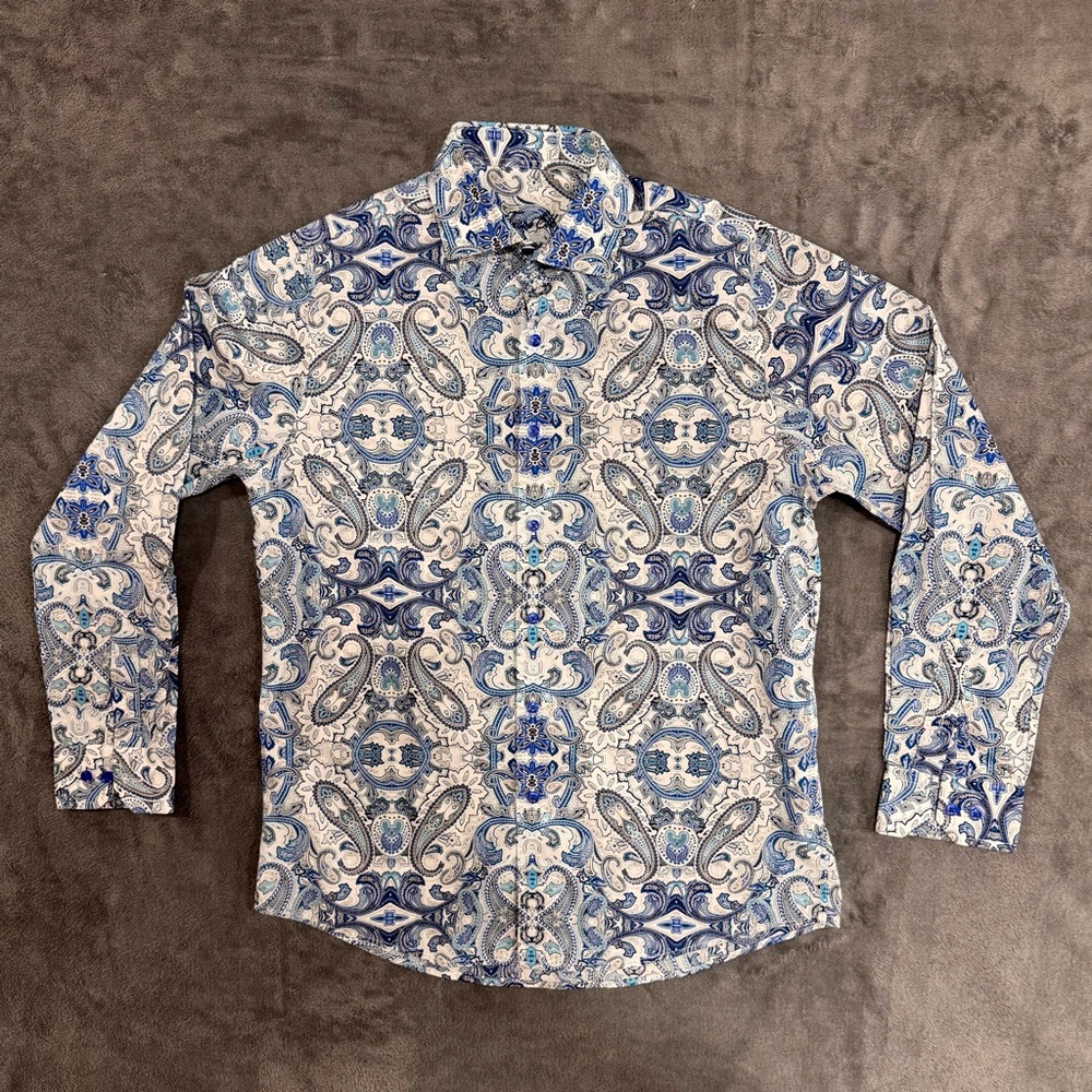 Tasso Elba Blue and White Paisley Button-Down Shirt